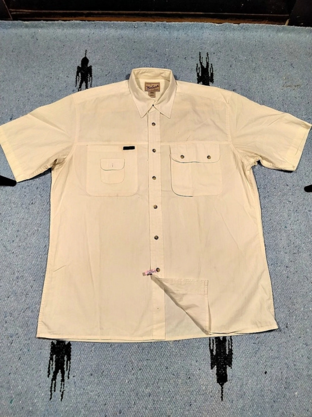 Woolrich Mens L Fits XL  Beige Solid Short Sleeve Button-Up Shirt Two Pocket VTG